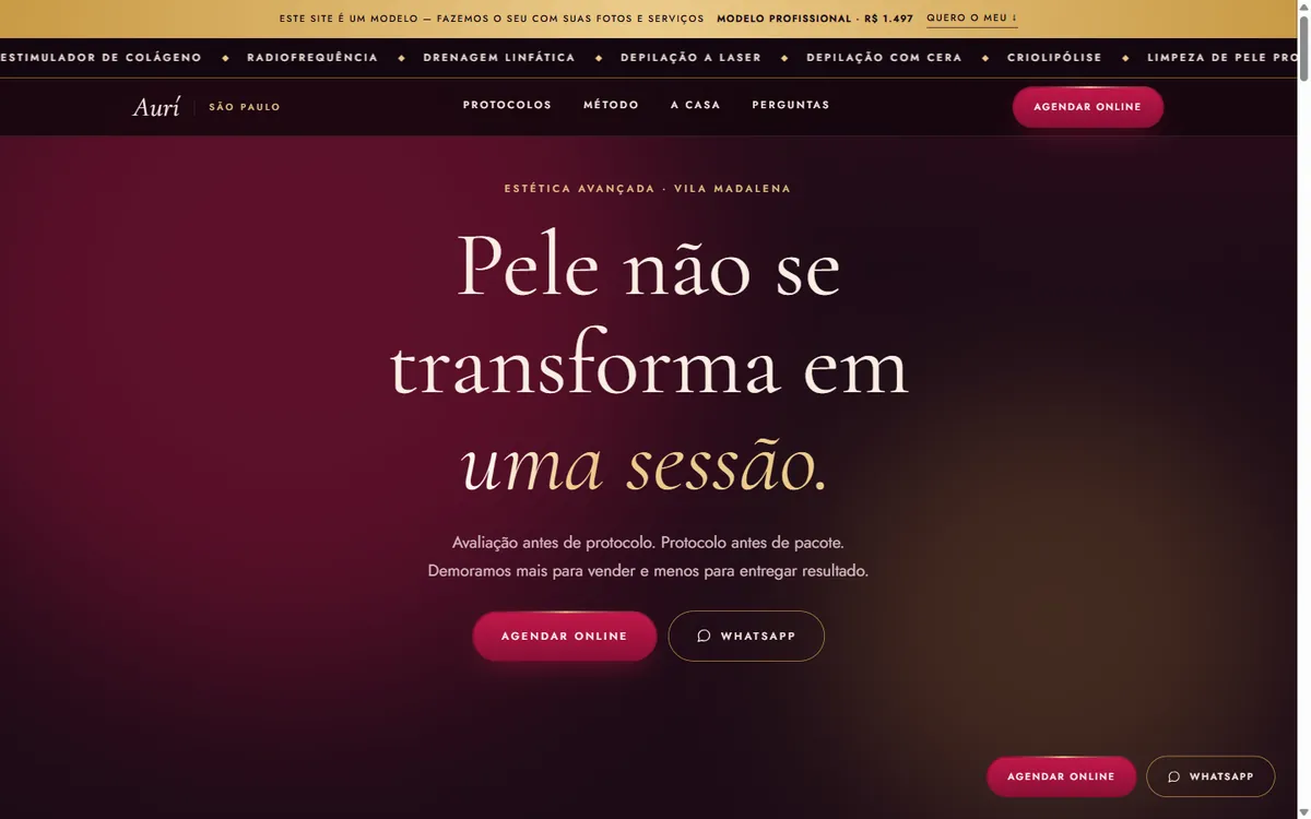 Modelo de site para clínica de estética aberto no computador